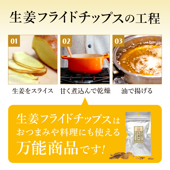 生姜フライドチップスの工程。生姜をスライス→甘く煮込んで乾燥→油で揚げる